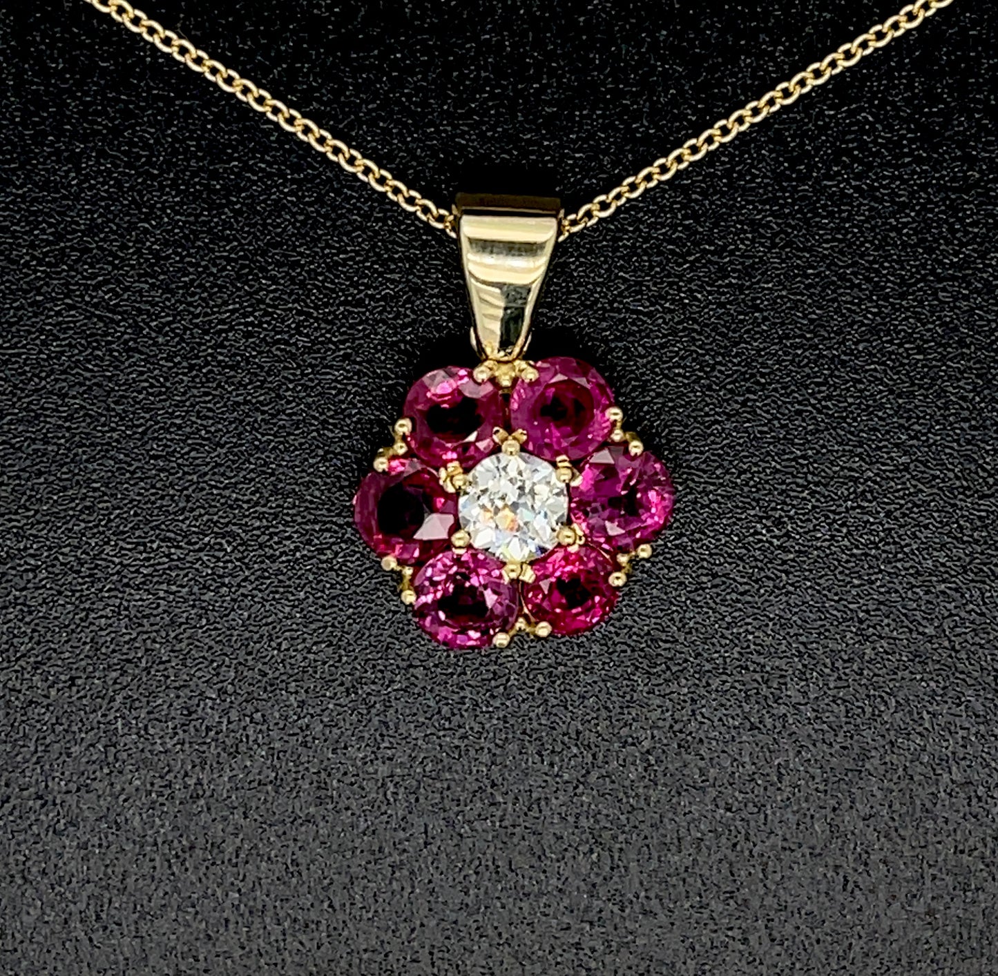 .58ct Old European Cut Center Diamond GIA I VS2 18KY Pendant 3.70ct Rubies