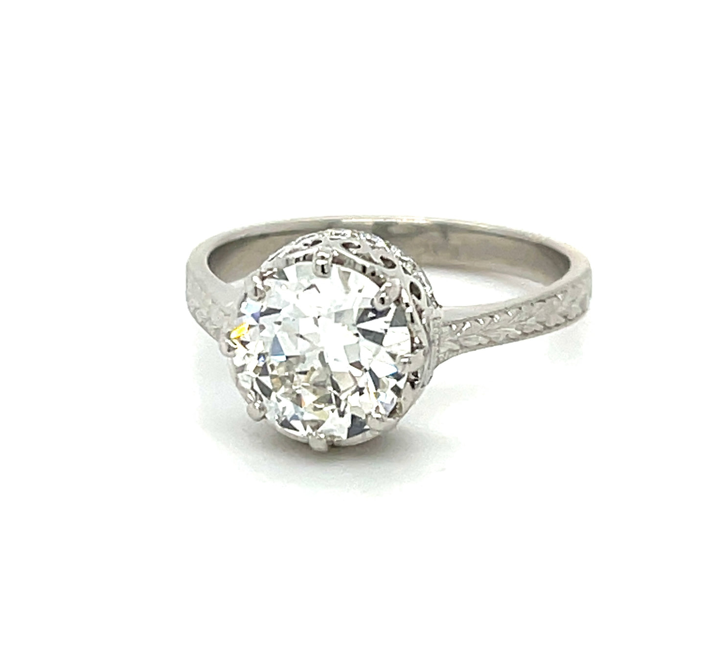 1.86ct Old European Cut Diamond GIA J SI1 Platinum Hand Engraved Ring