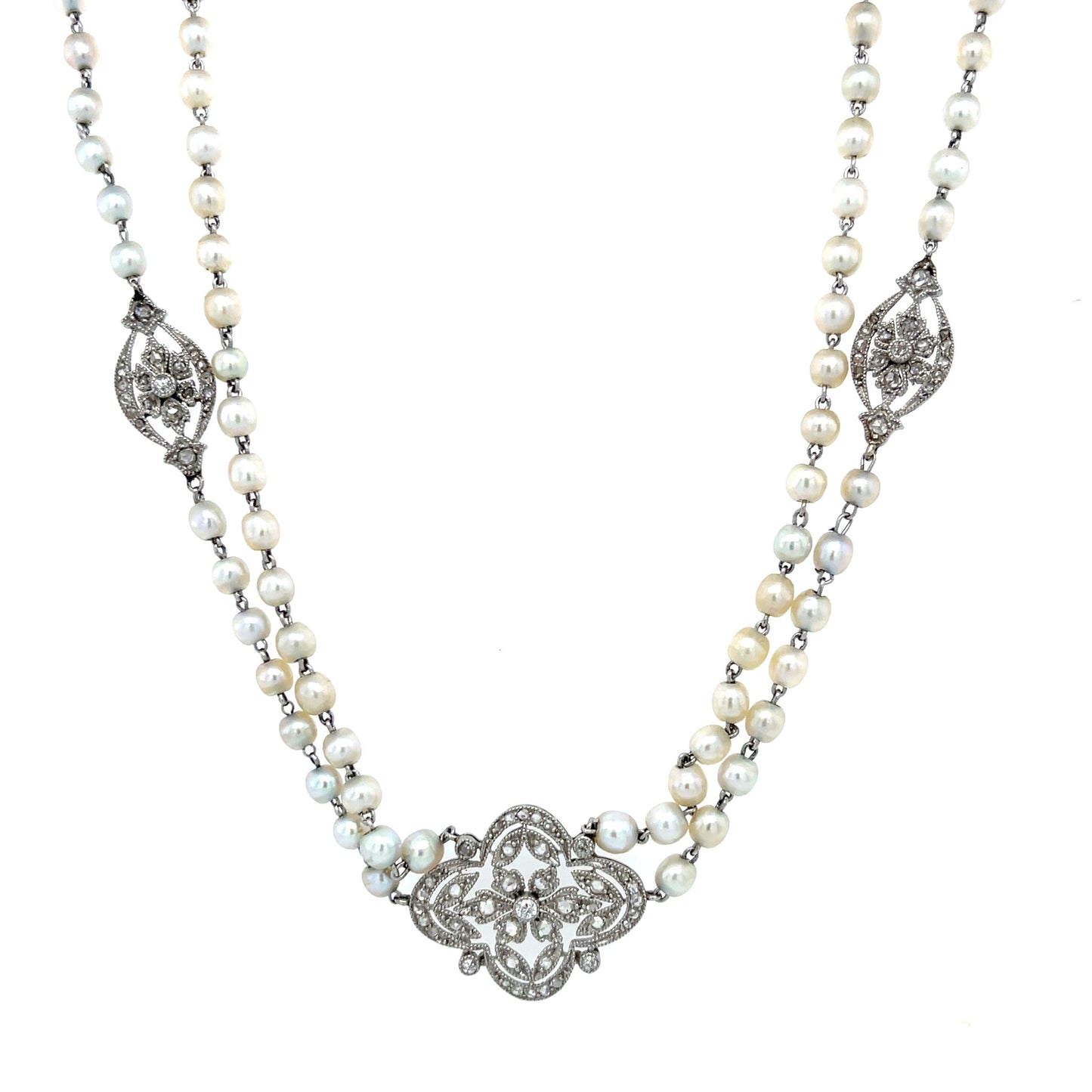 Platinum Double Strand Antique Edwardian Necklace 1920s 3mm White Natural Pearl