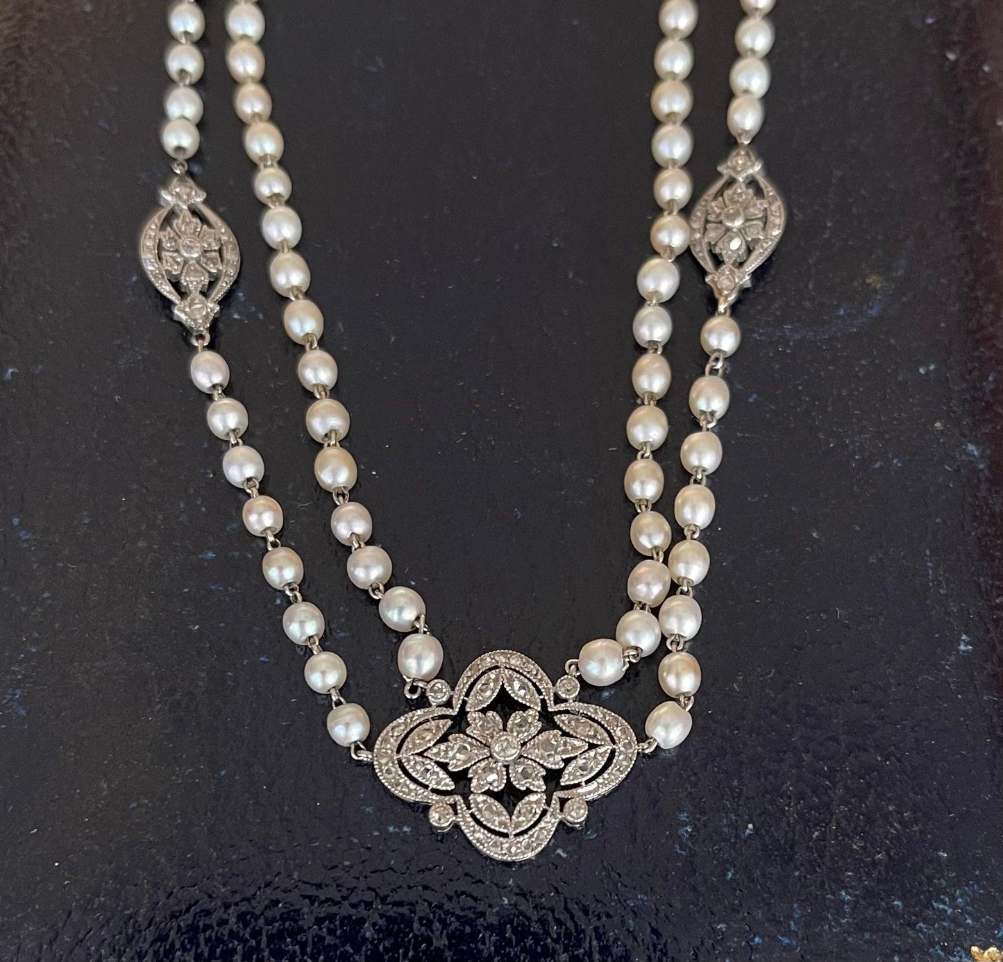 Platinum Double Strand Antique Edwardian Necklace 1920s 3mm White Natural Pearl