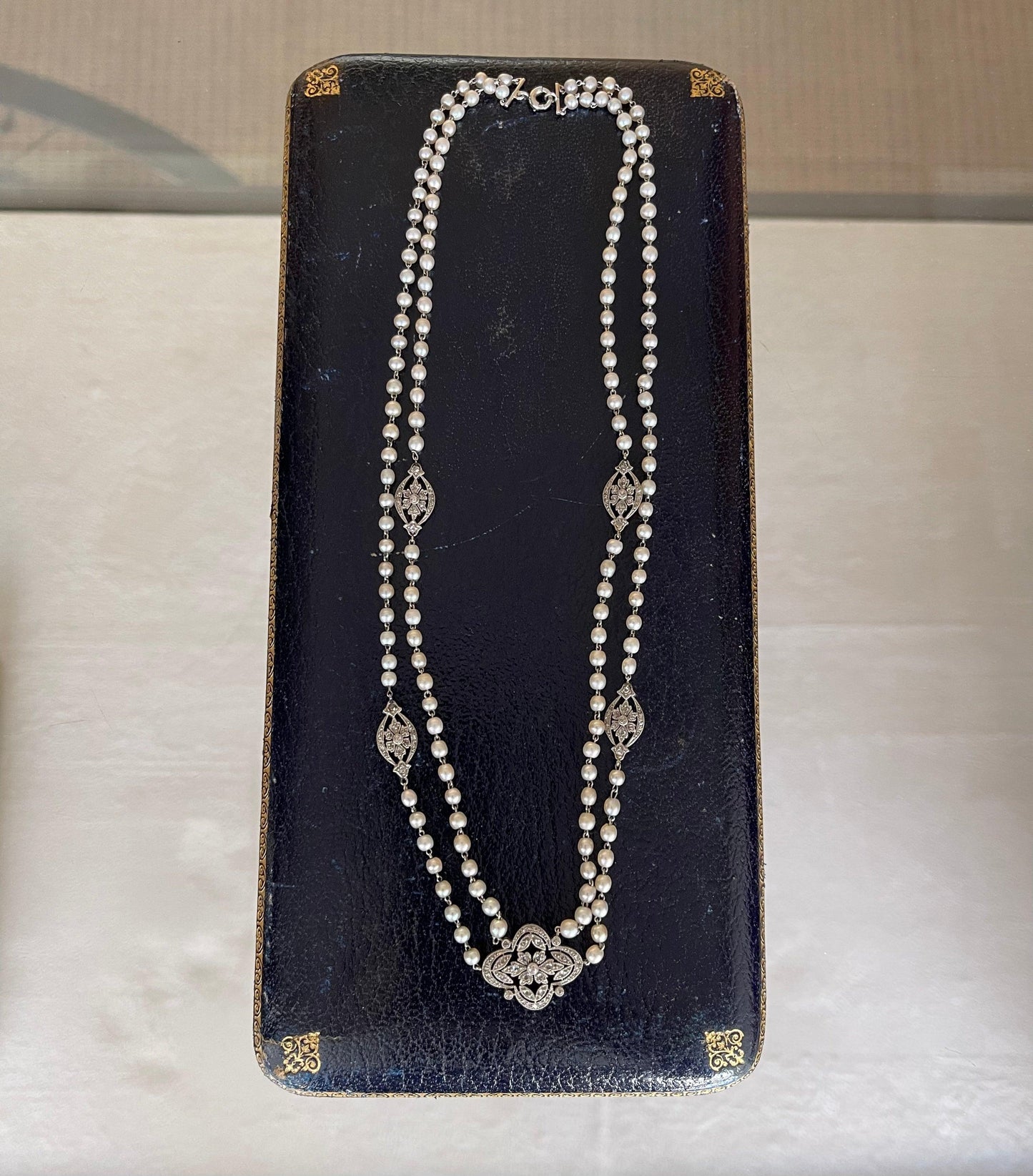 Platinum Double Strand Antique Edwardian Necklace 1920s 3mm White Natural Pearl
