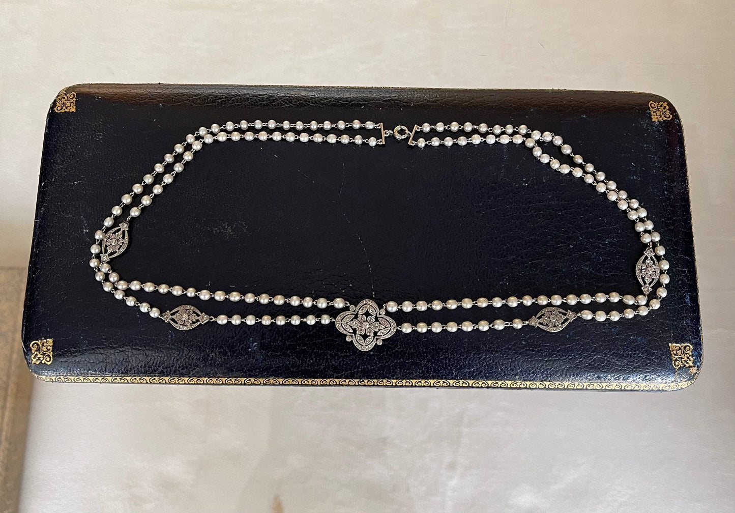 Platinum Double Strand Antique Edwardian Necklace 1920s 3mm White Natural Pearl