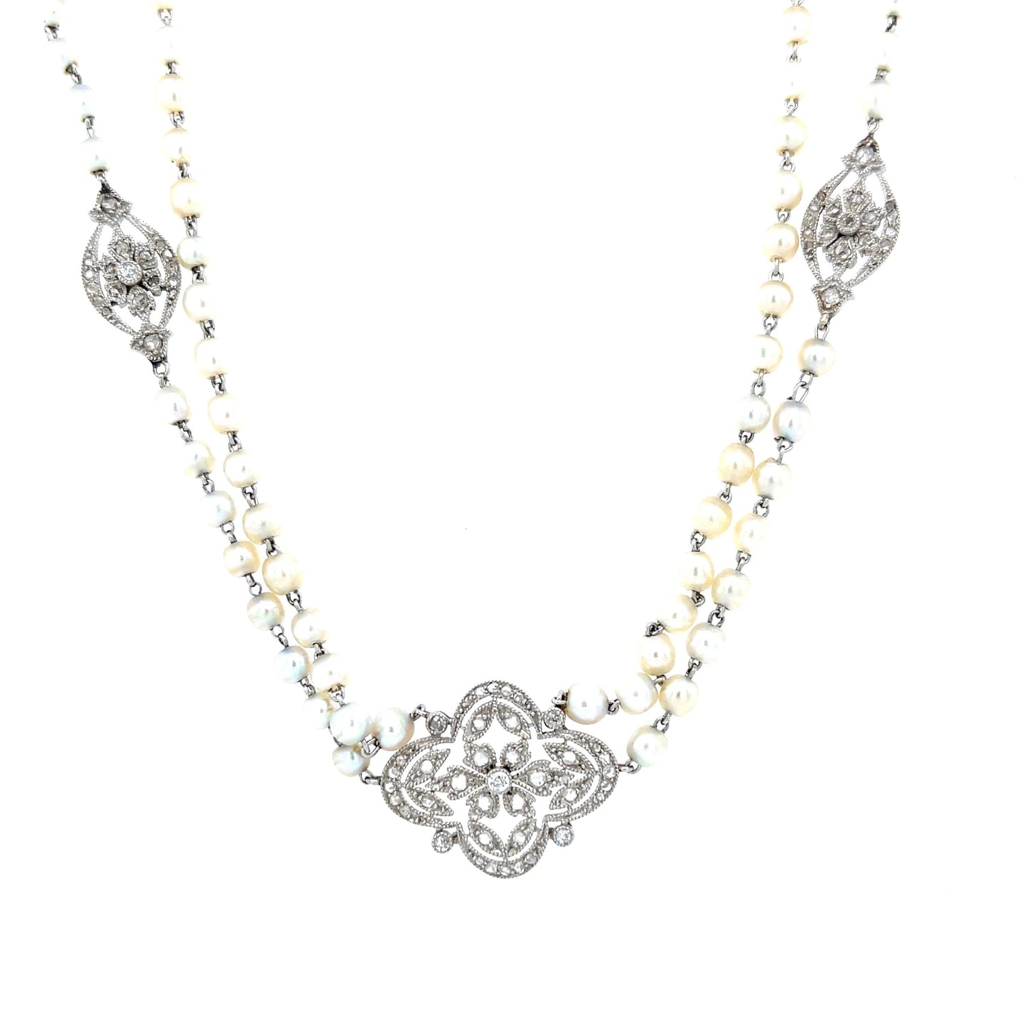 Platinum Double Strand Antique Edwardian Necklace 1920s 3mm White Natural Pearl