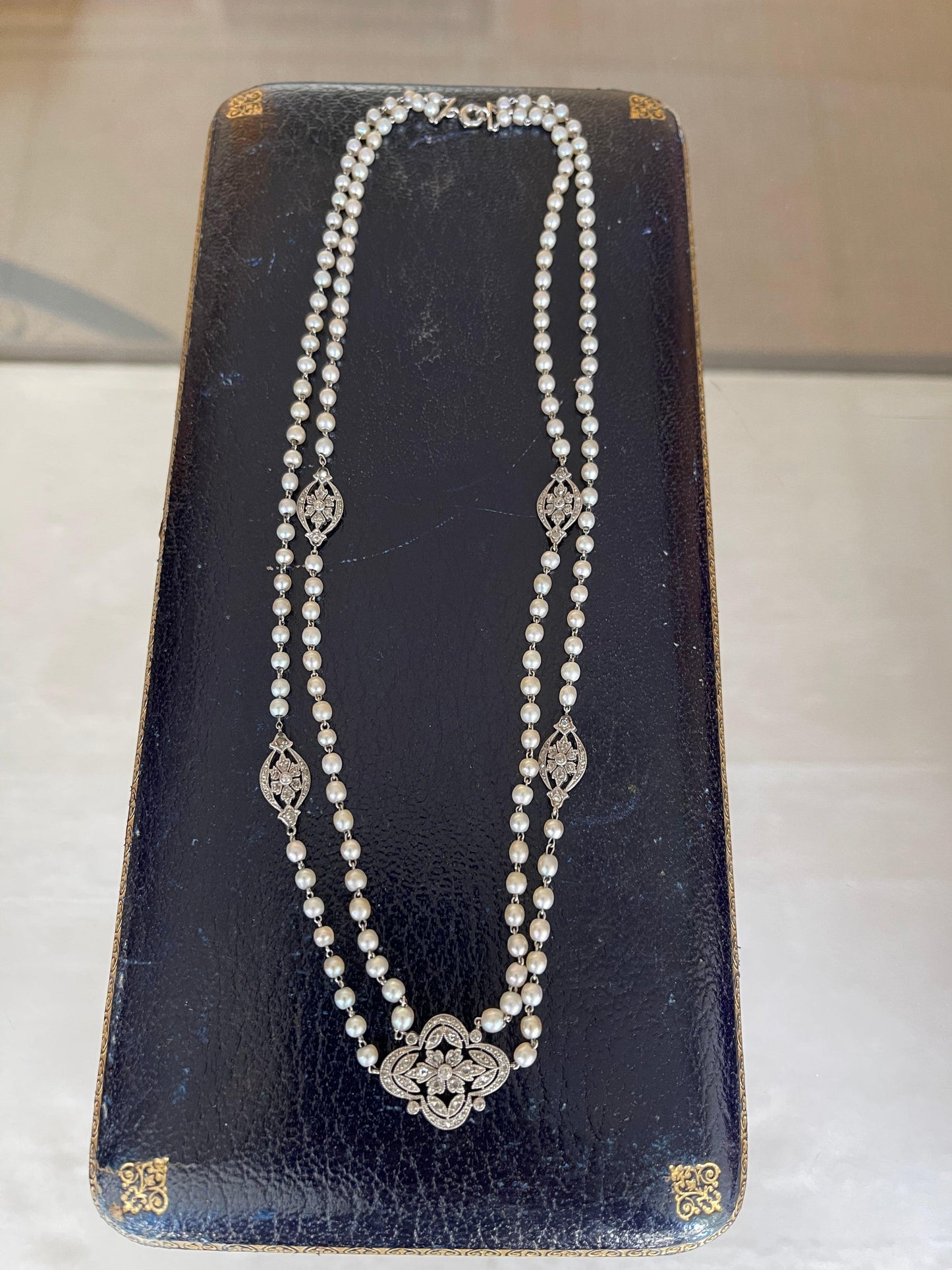 Platinum Double Strand Antique Edwardian Necklace 1920s 3mm White Natural Pearl