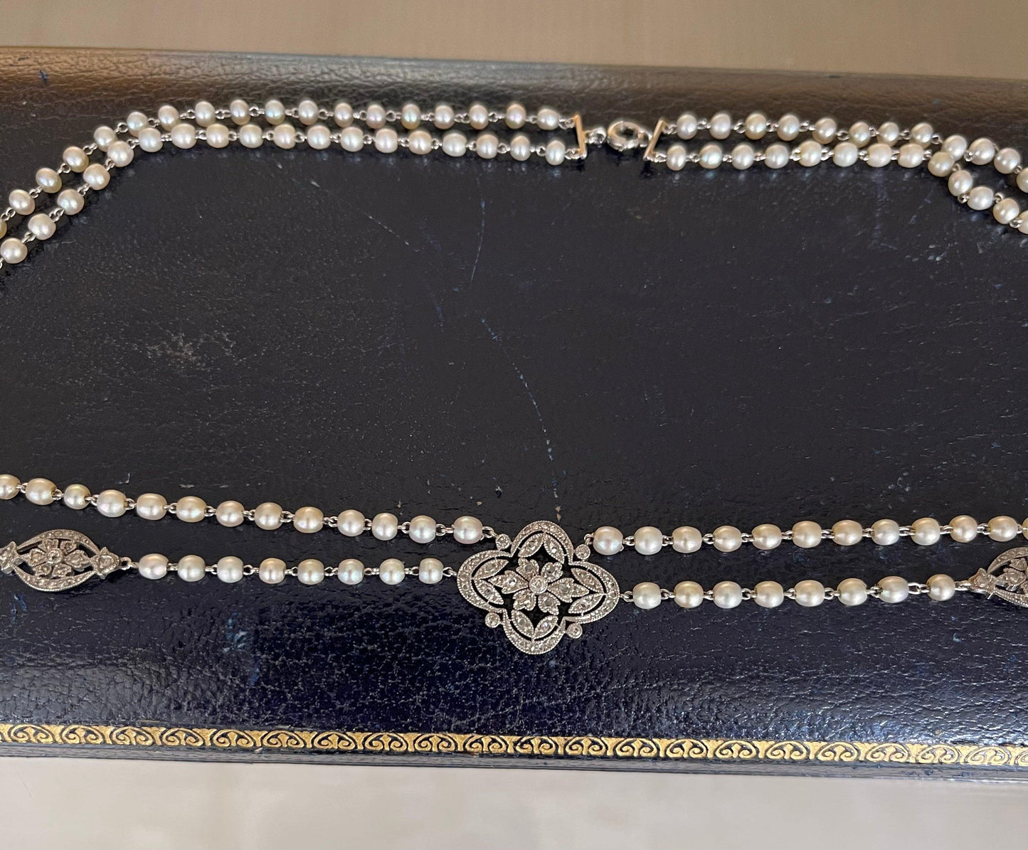 Platinum Double Strand Antique Edwardian Necklace 1920s 3mm White Natural Pearl