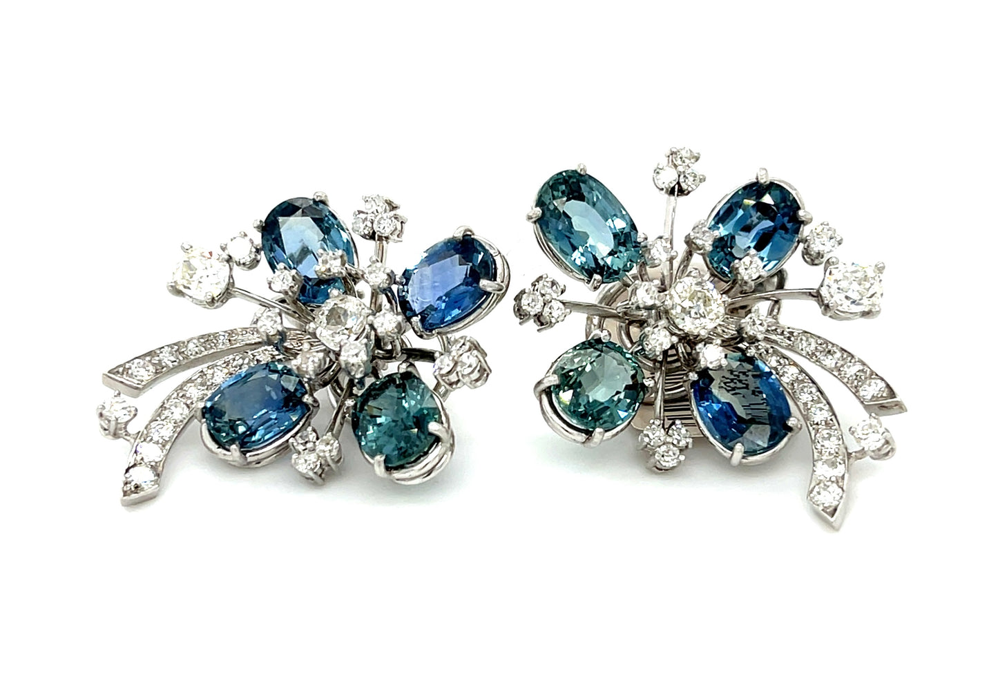 19ct GIA Ethiopian No Heat Sapphire Floral Handmade Earrings Platinum (Vintage Circa 1940s) 1.80ct Four Larger Diamonds 2.30ct SD