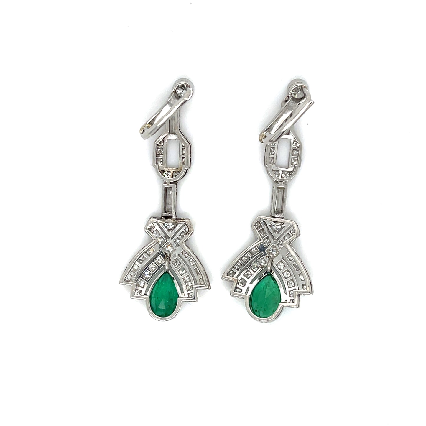 Art Deco (Circa 1930s) 3ct Pear Shaped Emeralds Vintage Platinum Earrings 4ct Diamonds