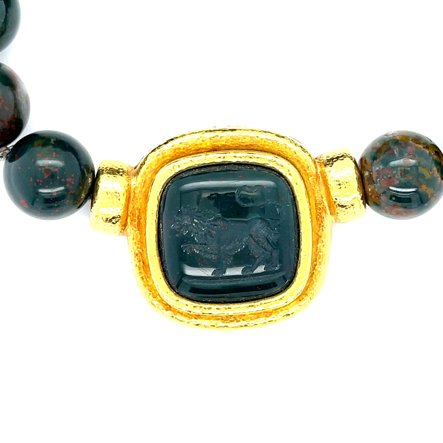 Elizabeth Locke Bloodstone & Carved Lion Intaglio 18KY Bead Necklace