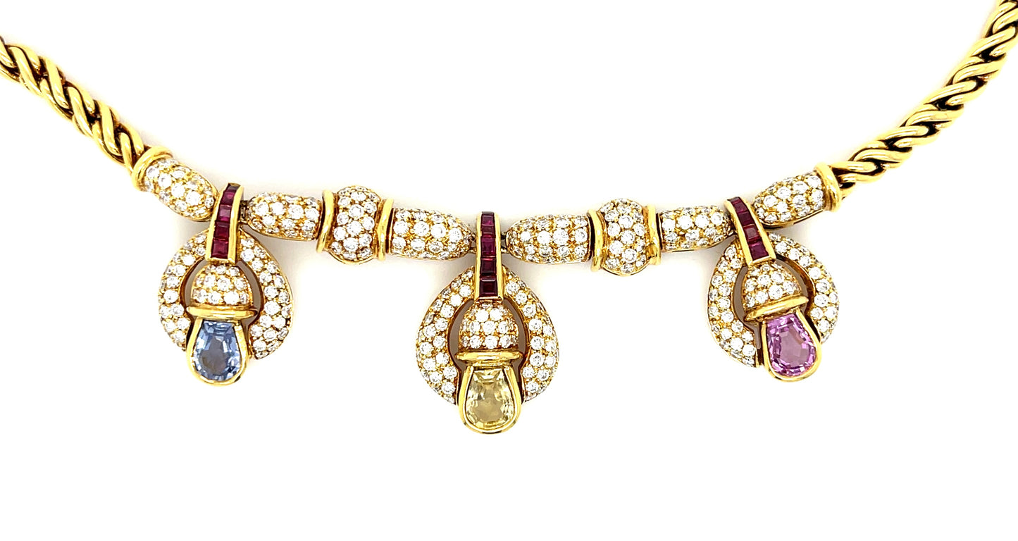 4.74ct Diamond, .60ct Ruby and 4ct Sapphire 18KY Necklace