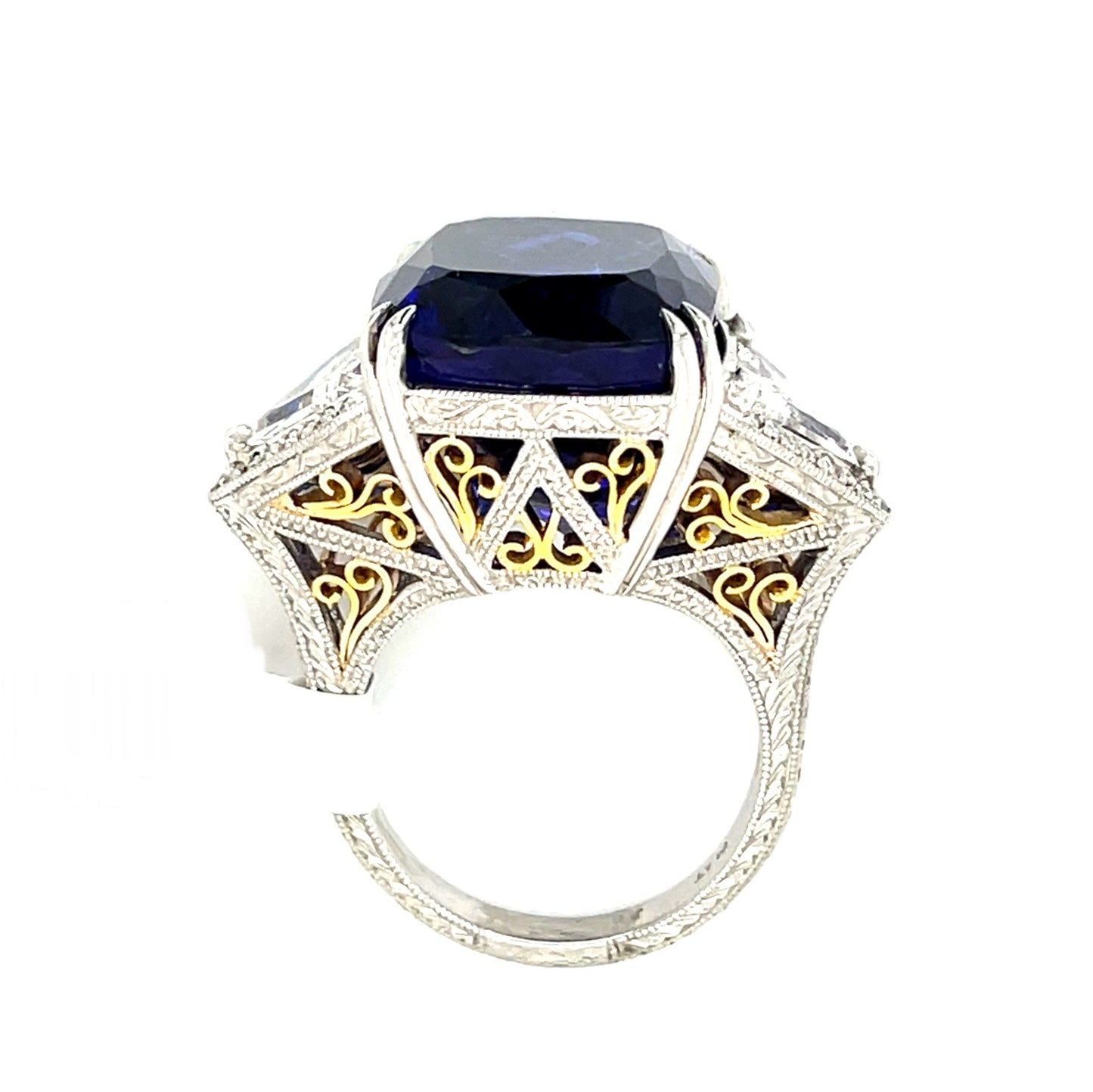 26.96ct Tanzanite 1.24ct Trillion Cut Diamonds Platinum+18KY Estate Ring