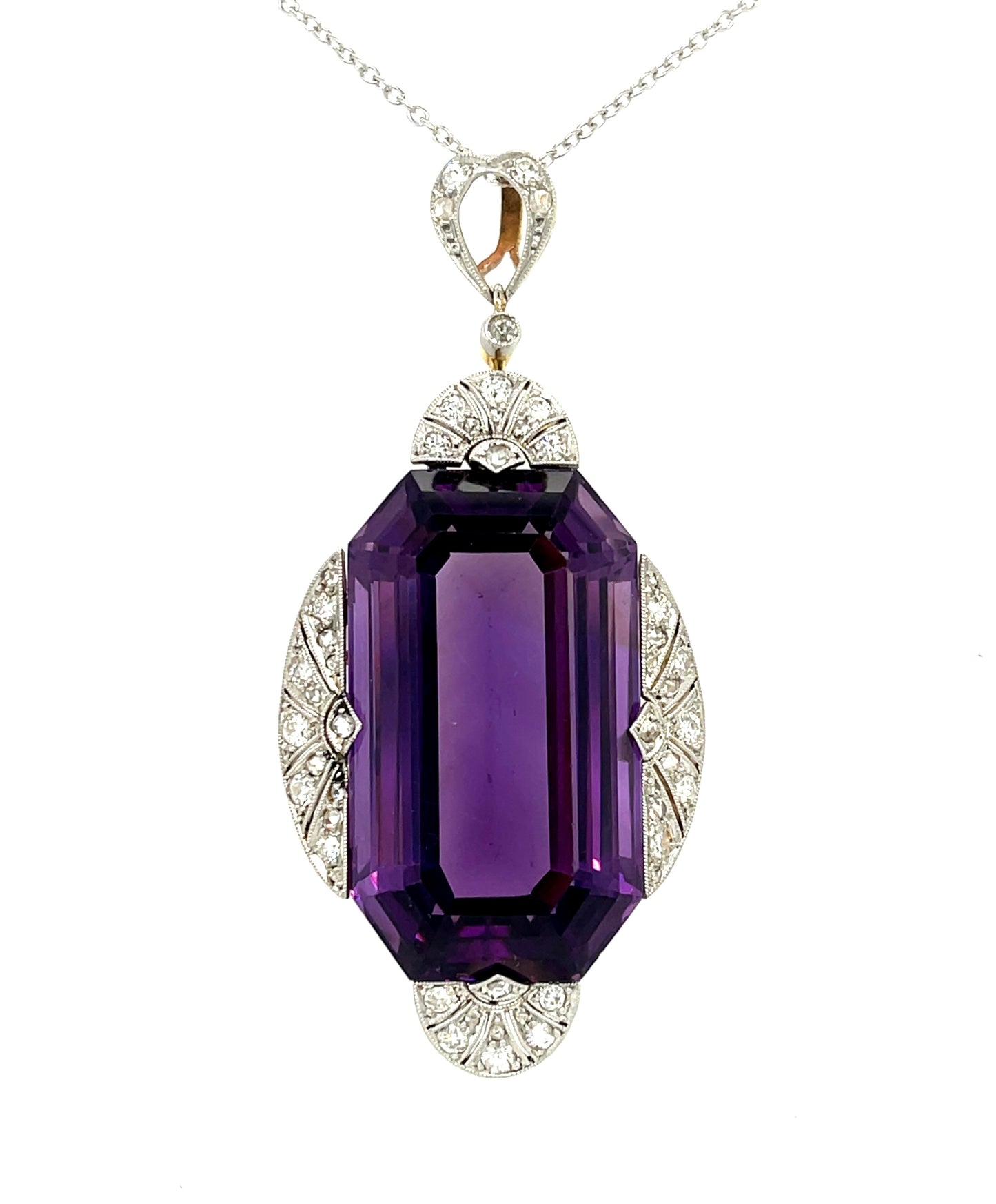 Edwardian (Circa 1900s) 40ct Amethyst Platinum over 18KY Gold Antique Pendant 1ct Diamonds