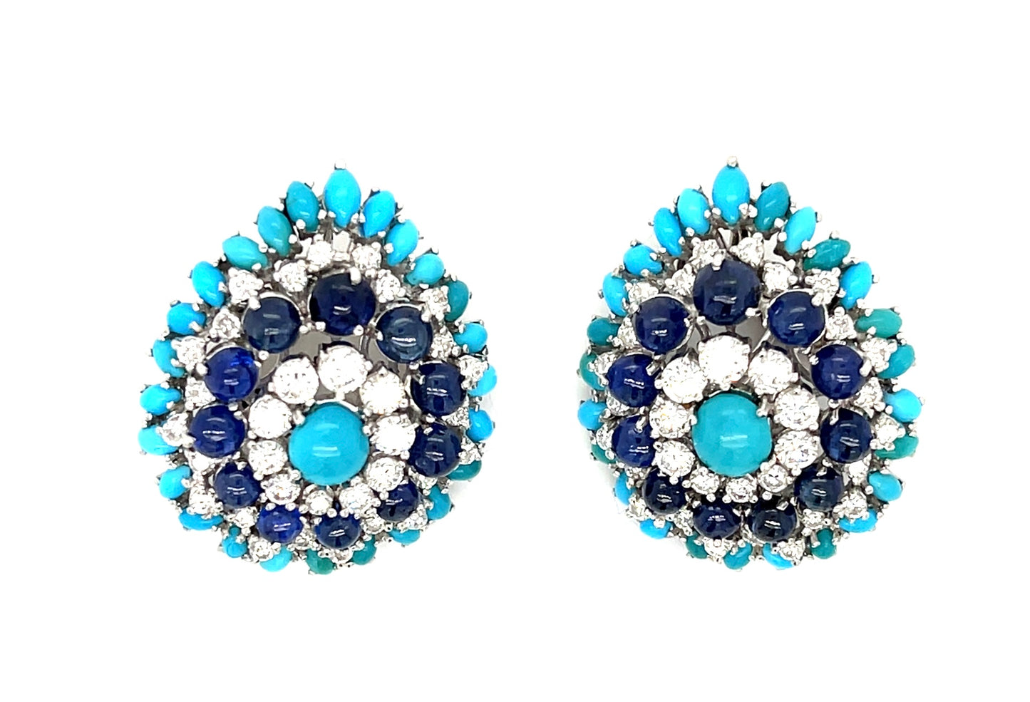 Sapphire, Diamond and Turquoise Platinum Set (Vintage Circa 1950s) Matching Ring and Earrings 1.10ct Diamonds 2.24ct Sapphires