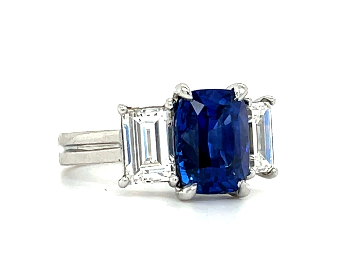 4.41ct GIA Ceylon Heated Sapphire Three Stone Ring Platinum .93ct GIA F VS1 Diamond .92ct GIA F SI1