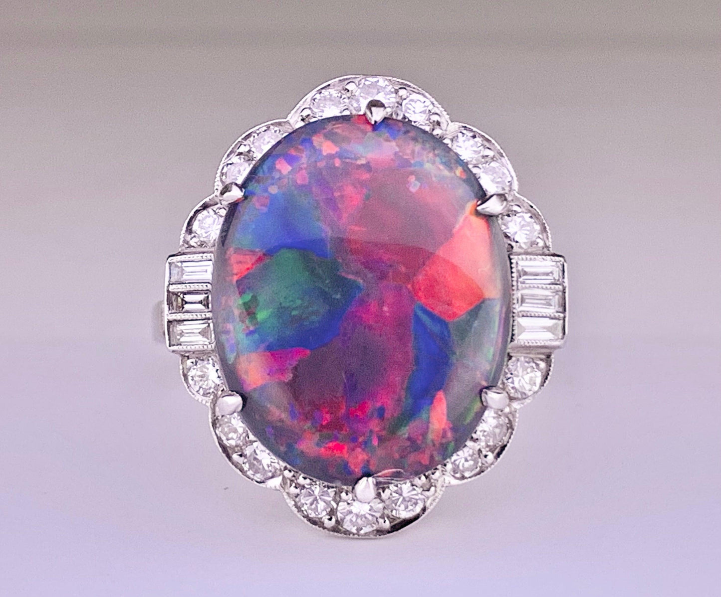 Flagstone Harlequin Australian Lightning Ridge Black Opal 7.35ct and Dia Ring