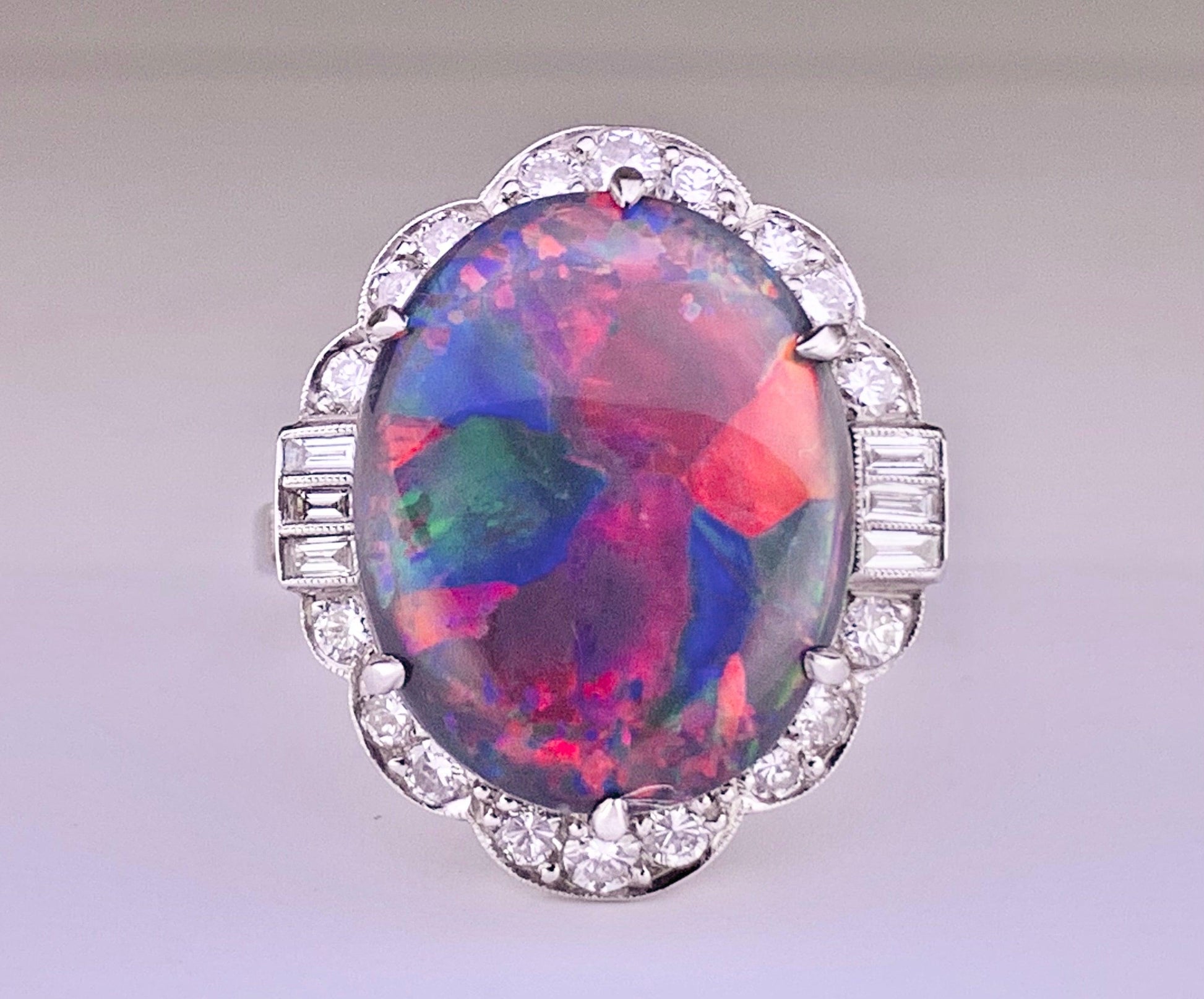 Flagstone Harlequin Australian Lightning Ridge Black Opal 7.35ct and Dia Ring