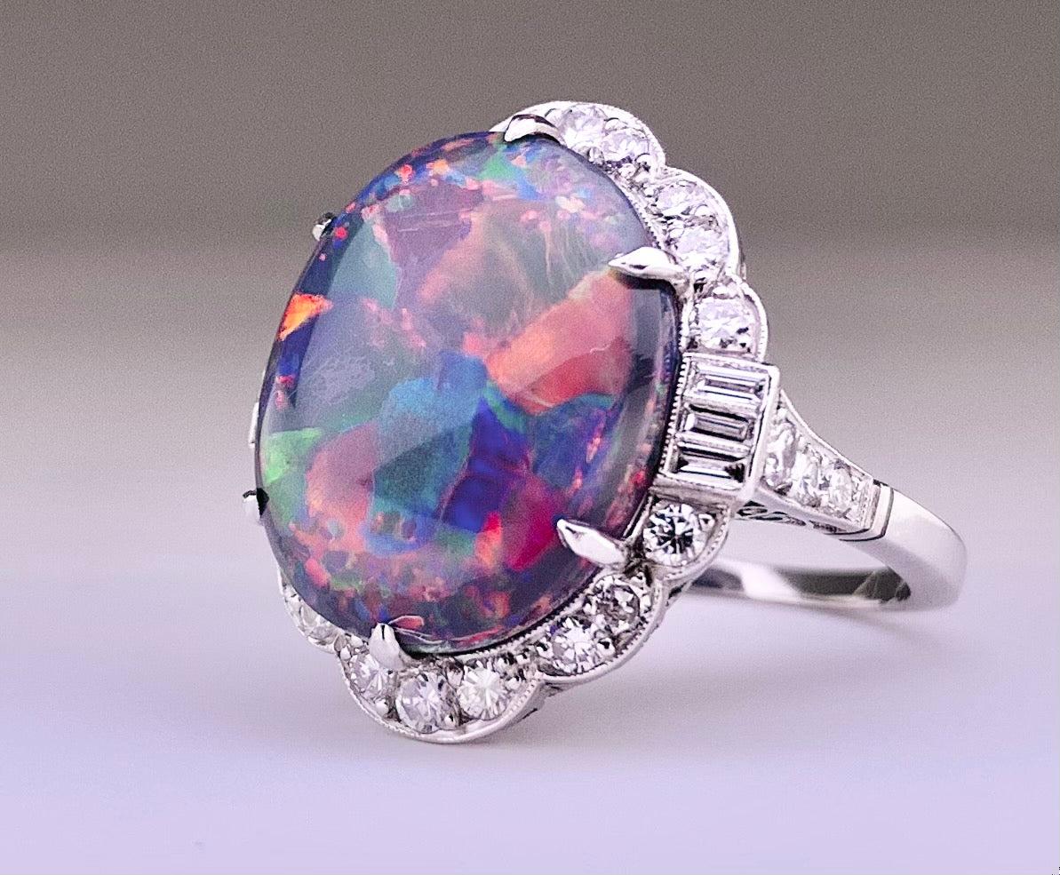 Flagstone Harlequin Australian Lightning Ridge Black Opal 7.35ct and Dia Ring
