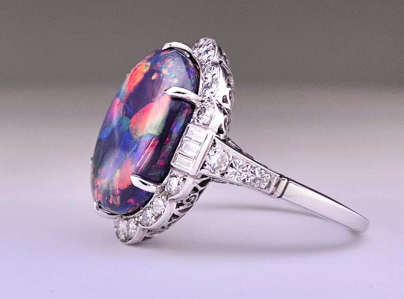 Flagstone Harlequin Australian Lightning Ridge Black Opal 7.35ct and Dia Ring