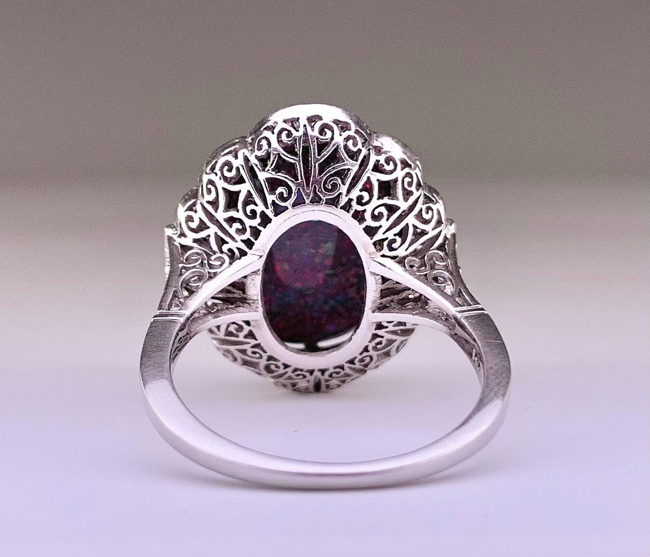 Flagstone Harlequin Australian Lightning Ridge Black Opal 7.35ct and Dia Ring
