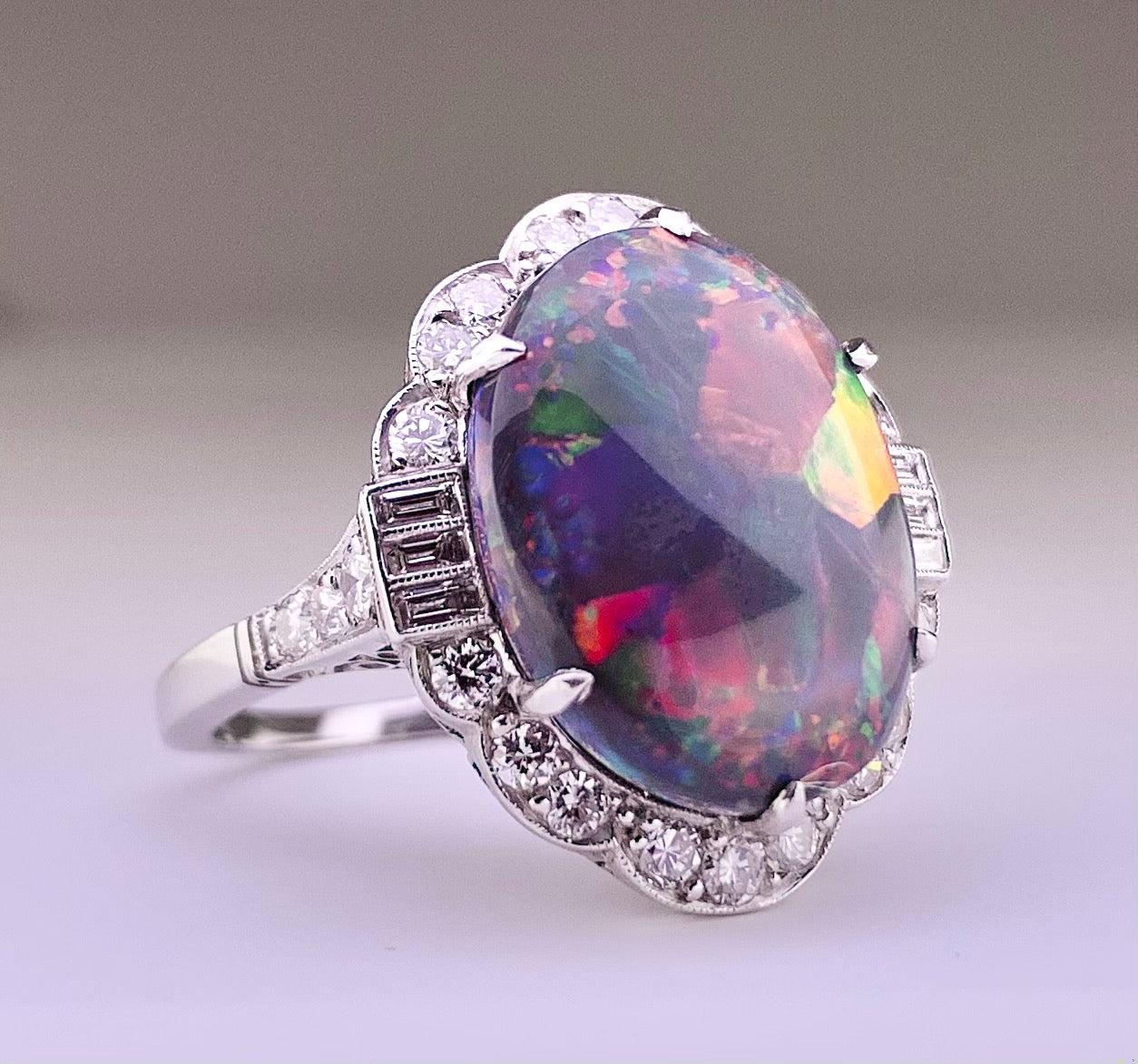 Flagstone Harlequin Australian Lightning Ridge Black Opal 7.35ct and Dia Ring