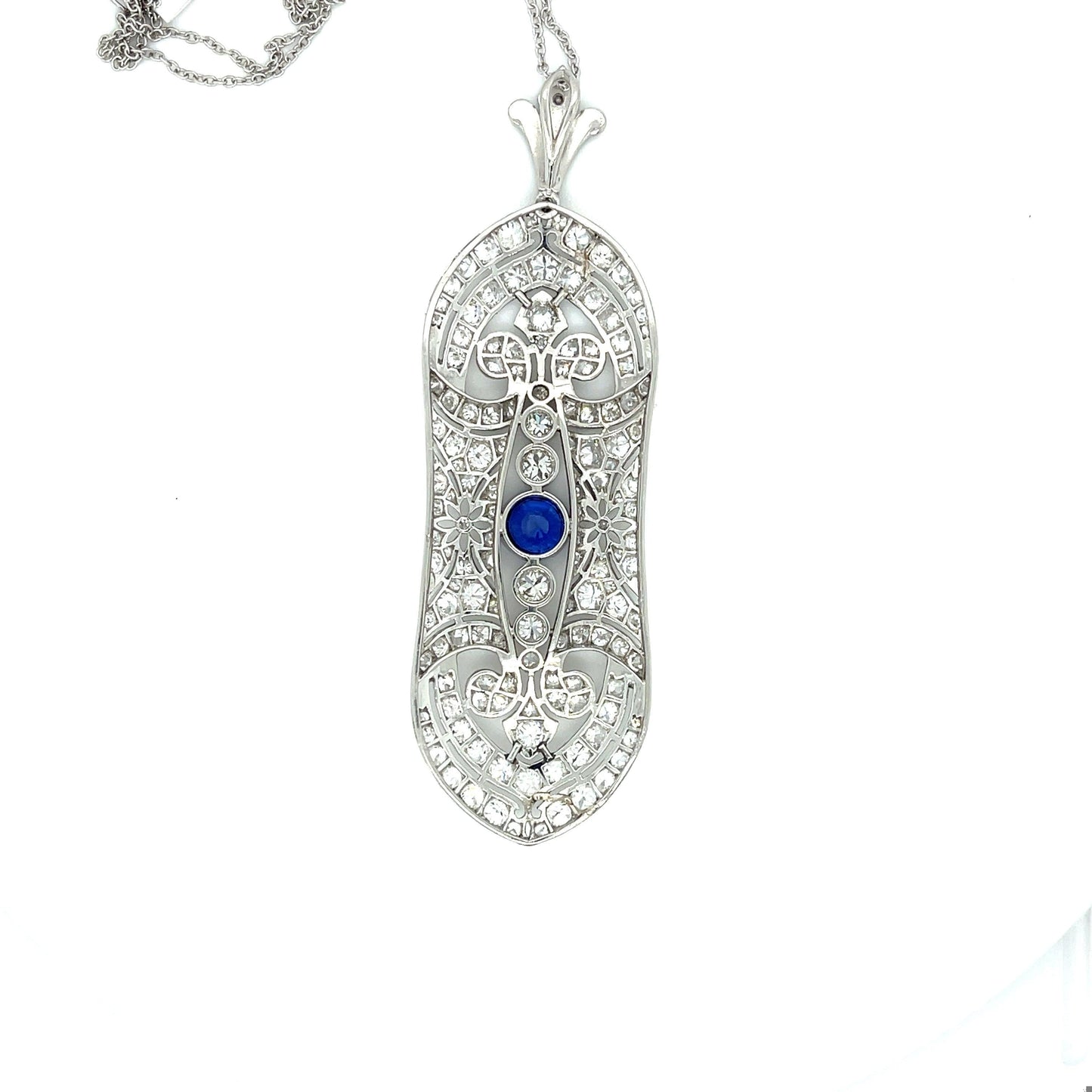French Art Deco (1920s) 1.69ct Sapphire 7ct Old Euro Dia PT Antique Pendant