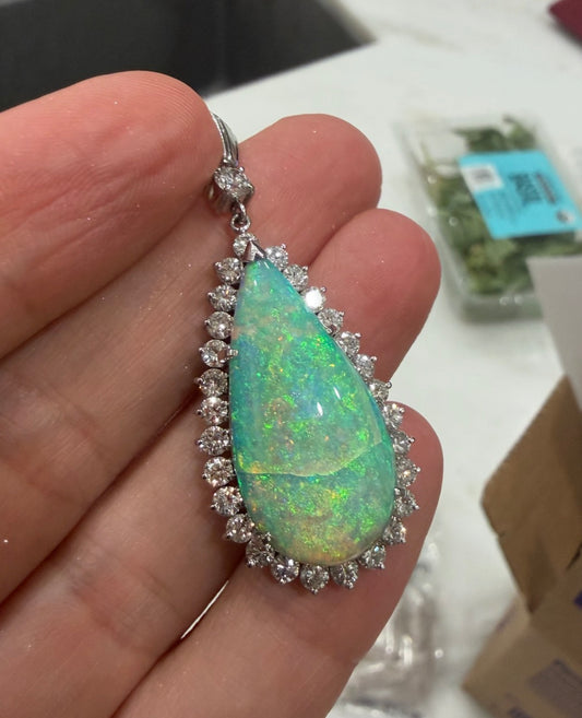 14.97ct Boulder Opal 2.02ct Diamond Platinum Pendant 12.78g 2.25"