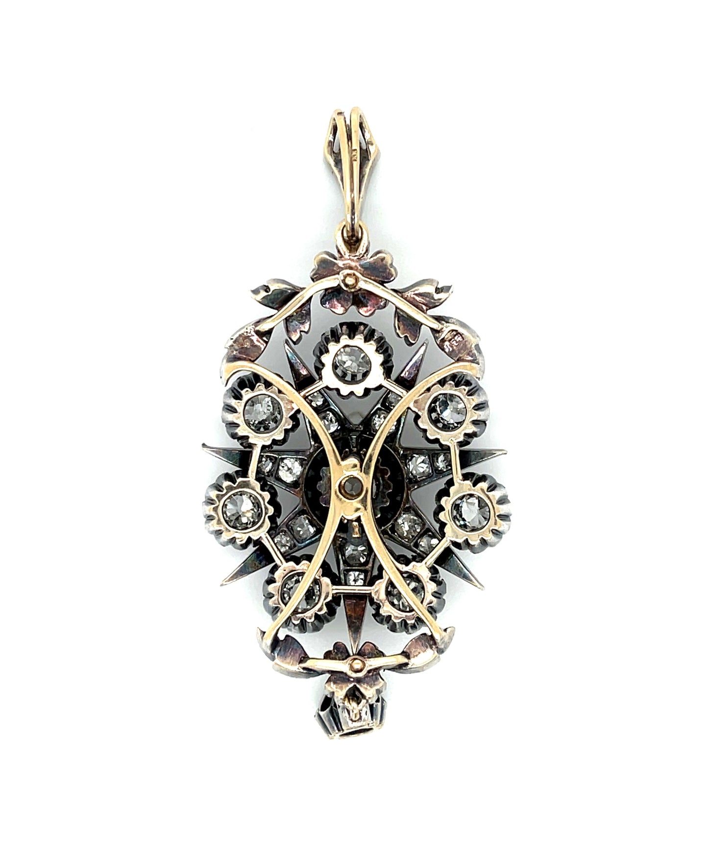 Victorian (Circa 1870s) Diamond Silver & 14K Antique Pendant 1ct Center Diamond 1.60ct SD (Eight Stones)