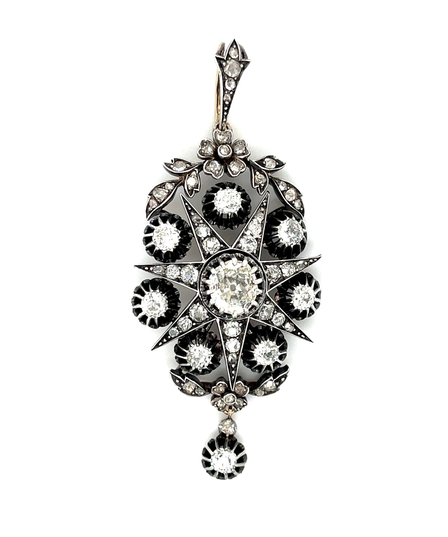 Victorian (Circa 1870s) Diamond Silver & 14K Antique Pendant 1ct Center Diamond 1.60ct SD (Eight Stones)