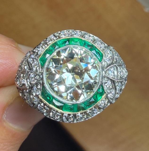 3.86ct Old European Diamond 1.87ct Emerald French-cut Platinum Handmade Ring