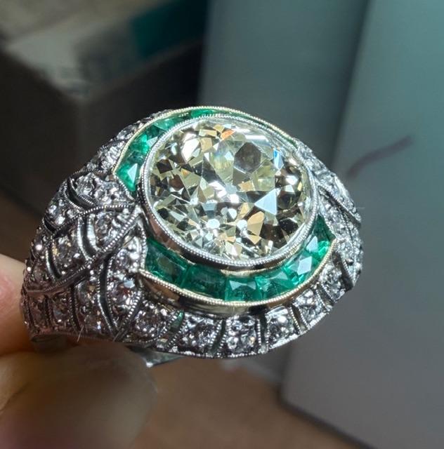 3.86ct Old European Diamond 1.87ct Emerald French-cut Platinum Handmade Ring