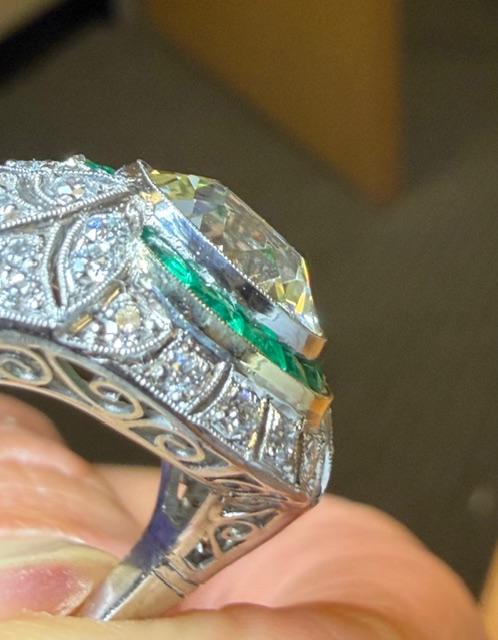3.86ct Old European Diamond 1.87ct Emerald French-cut Platinum Handmade Ring