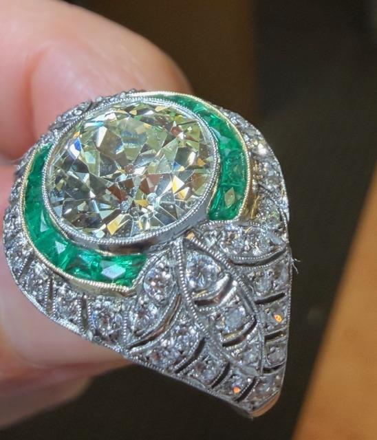 3.86ct Old European Diamond 1.87ct Emerald French-cut Platinum Handmade Ring