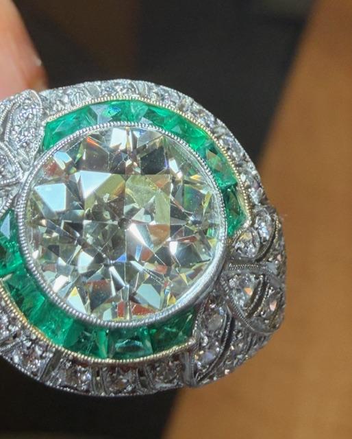 3.86ct Old European Diamond 1.87ct Emerald French-cut Platinum Handmade Ring
