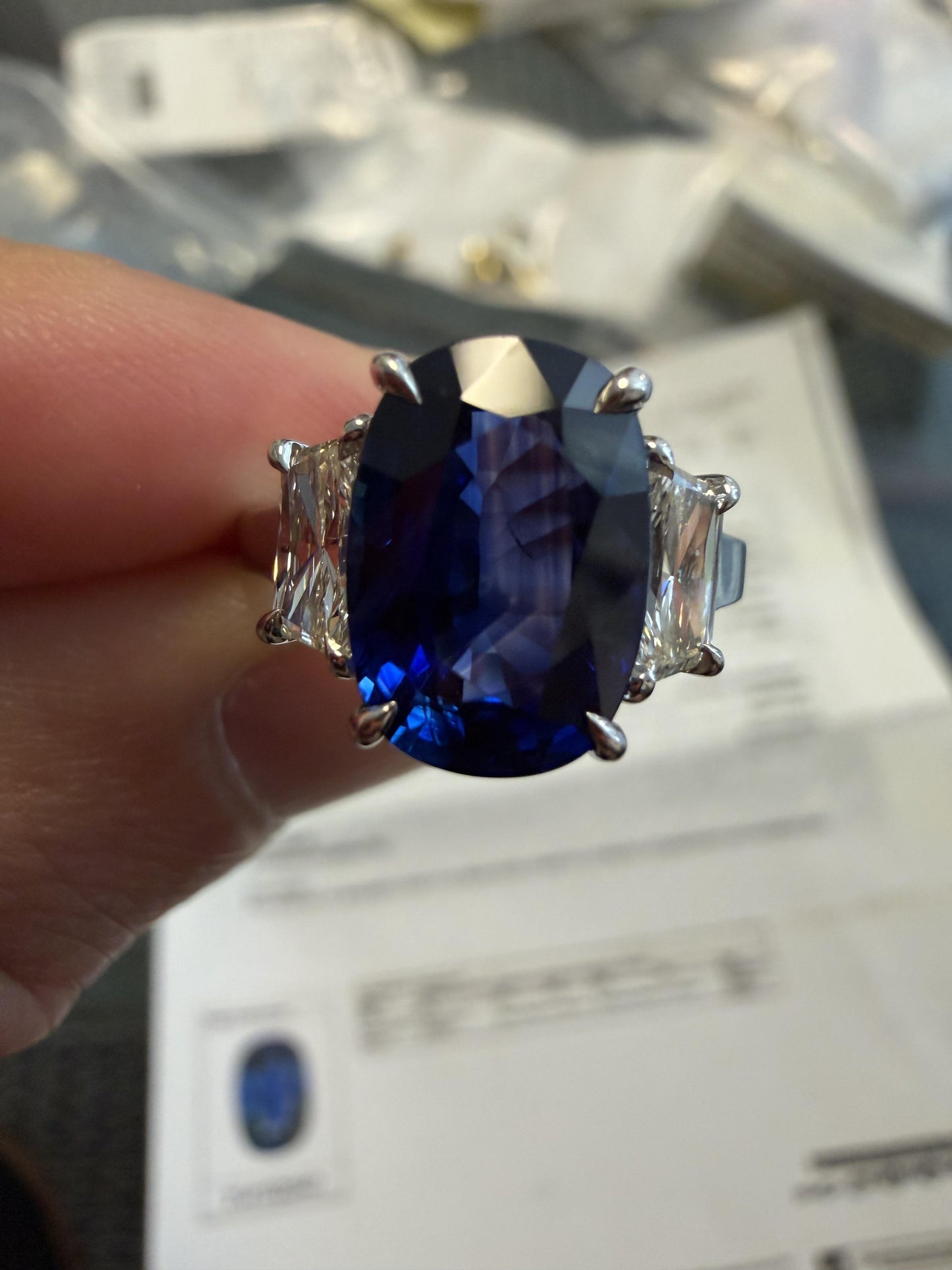 4.58ct Madagascar Heated Cushion Sapphire .83ct Hexagon Diamond PT Ring