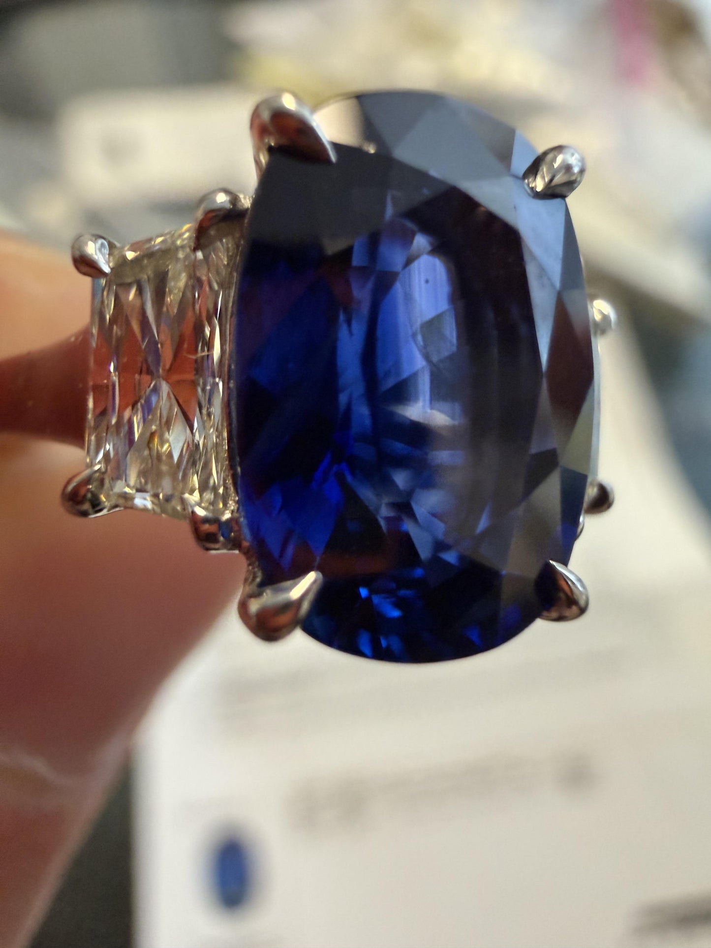 4.58ct Madagascar Heated Cushion Sapphire .83ct Hexagon Diamond PT Ring