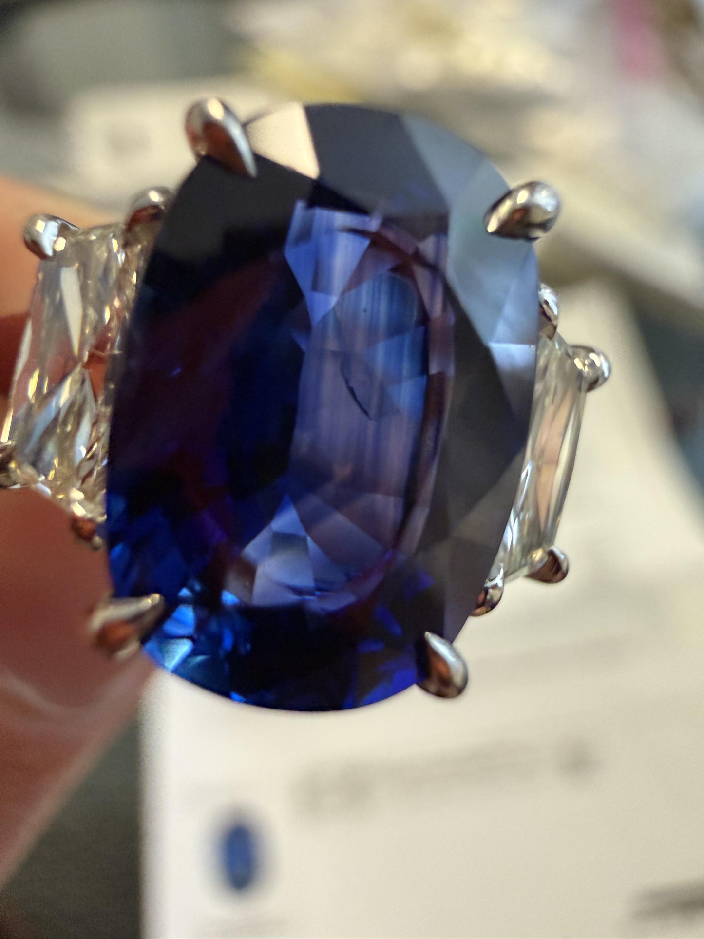 4.58ct Madagascar Heated Cushion Sapphire .83ct Hexagon Diamond PT Ring
