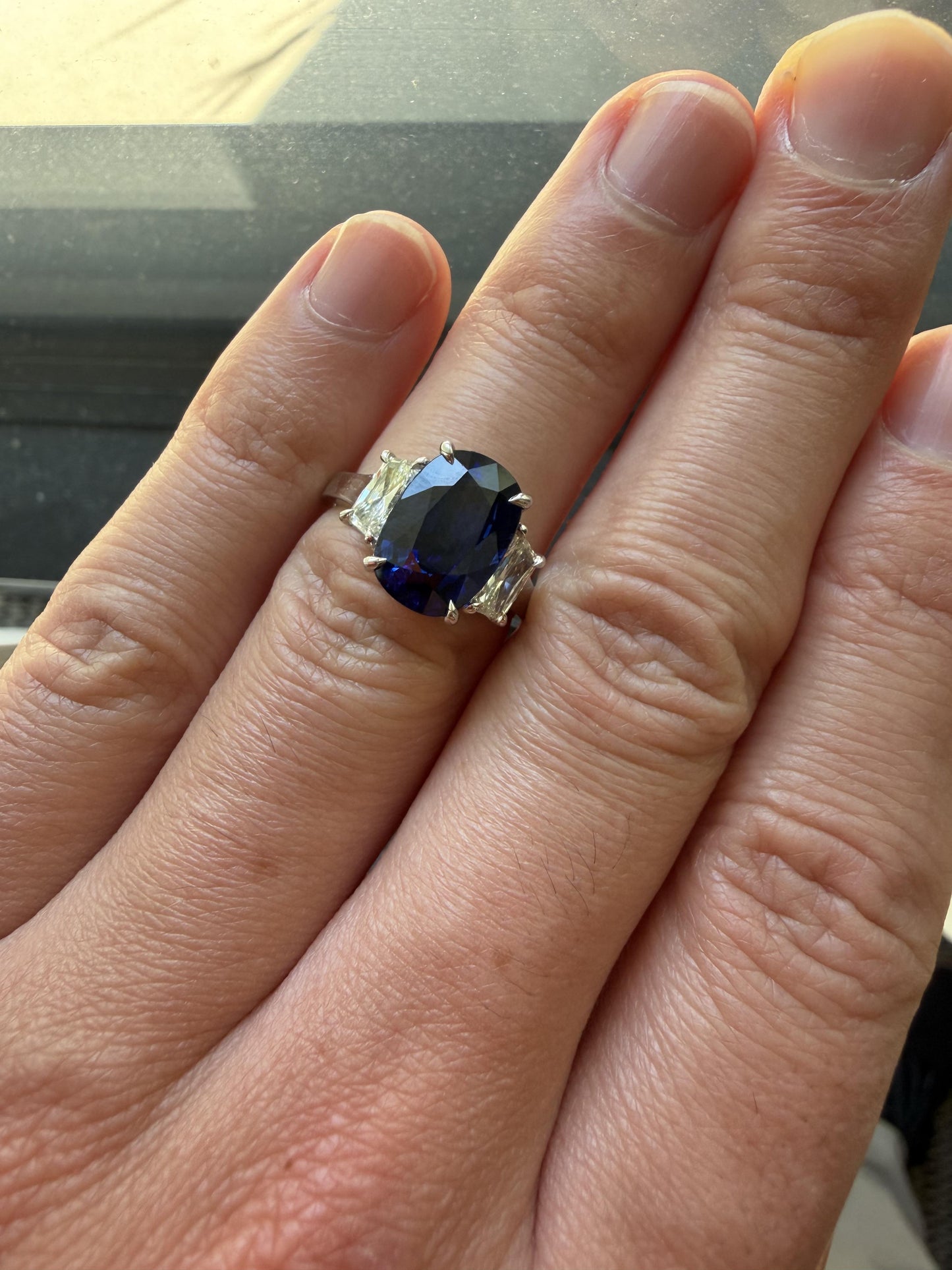 4.58ct Madagascar Heated Cushion Sapphire .83ct Hexagon Diamond PT Ring