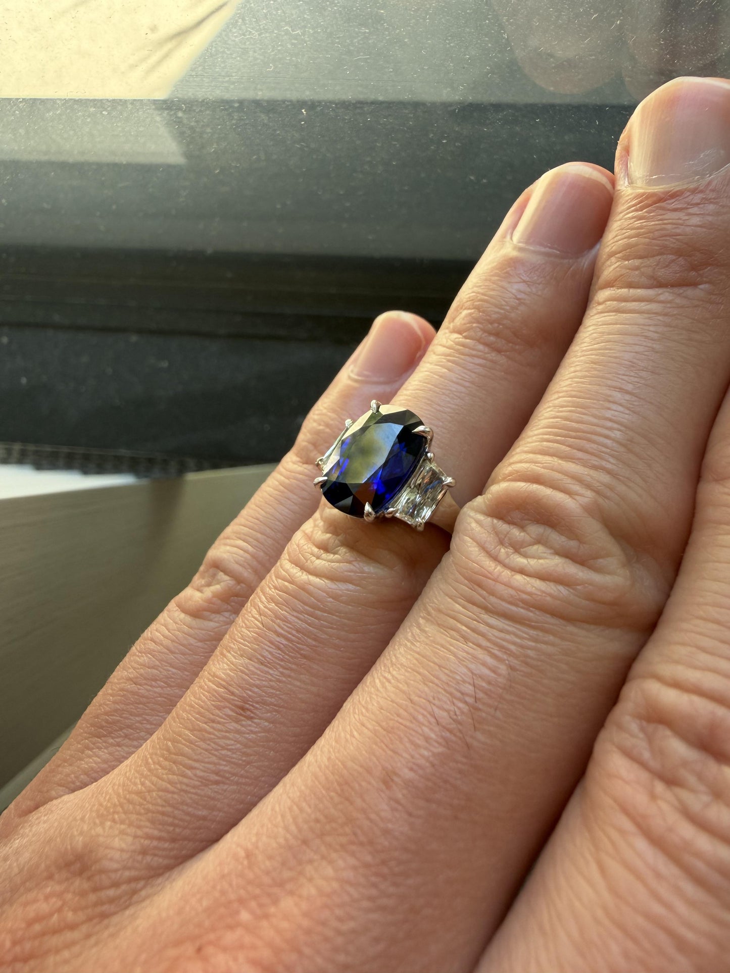 4.58ct Madagascar Heated Cushion Sapphire .83ct Hexagon Diamond PT Ring