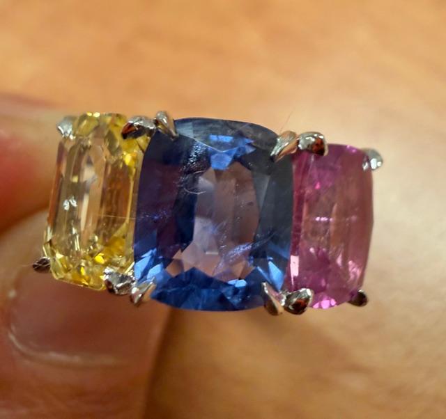 2.58ct Blue Sapphire 2.05ct Pink Sapphire 1.90ct Yellow Sap PT Three Stone Ring