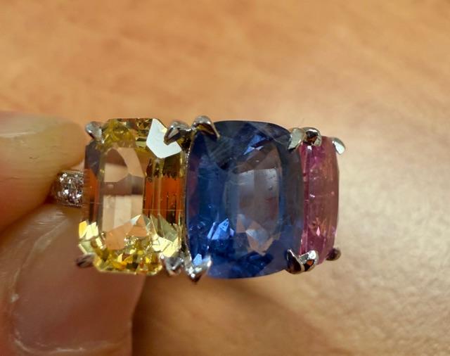 2.58ct Blue Sapphire 2.05ct Pink Sapphire 1.90ct Yellow Sap PT Three Stone Ring