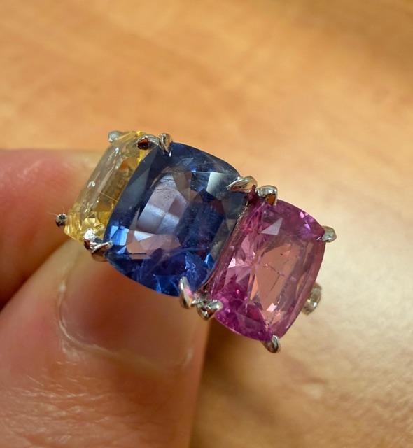 2.58ct Blue Sapphire 2.05ct Pink Sapphire 1.90ct Yellow Sap PT Three Stone Ring