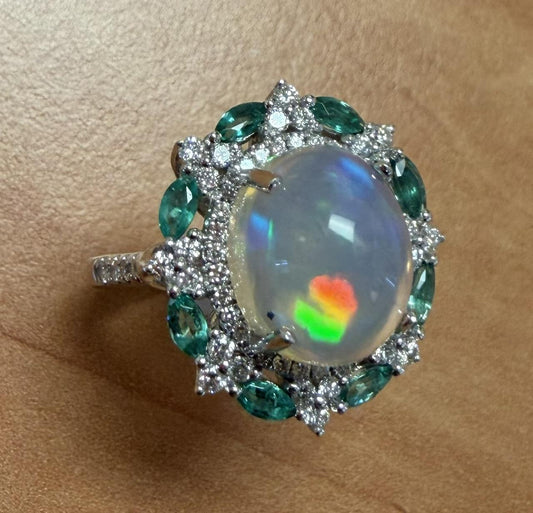 5ct Mexican Jelly Opal 1ct Diamond .80ct Emerald 18KW Gold Ring 6.90g 10.50 Size