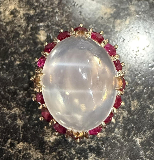 11.50ct Moonstone 1.74ct Round Ruby 14KY Gold Ring 8.70g