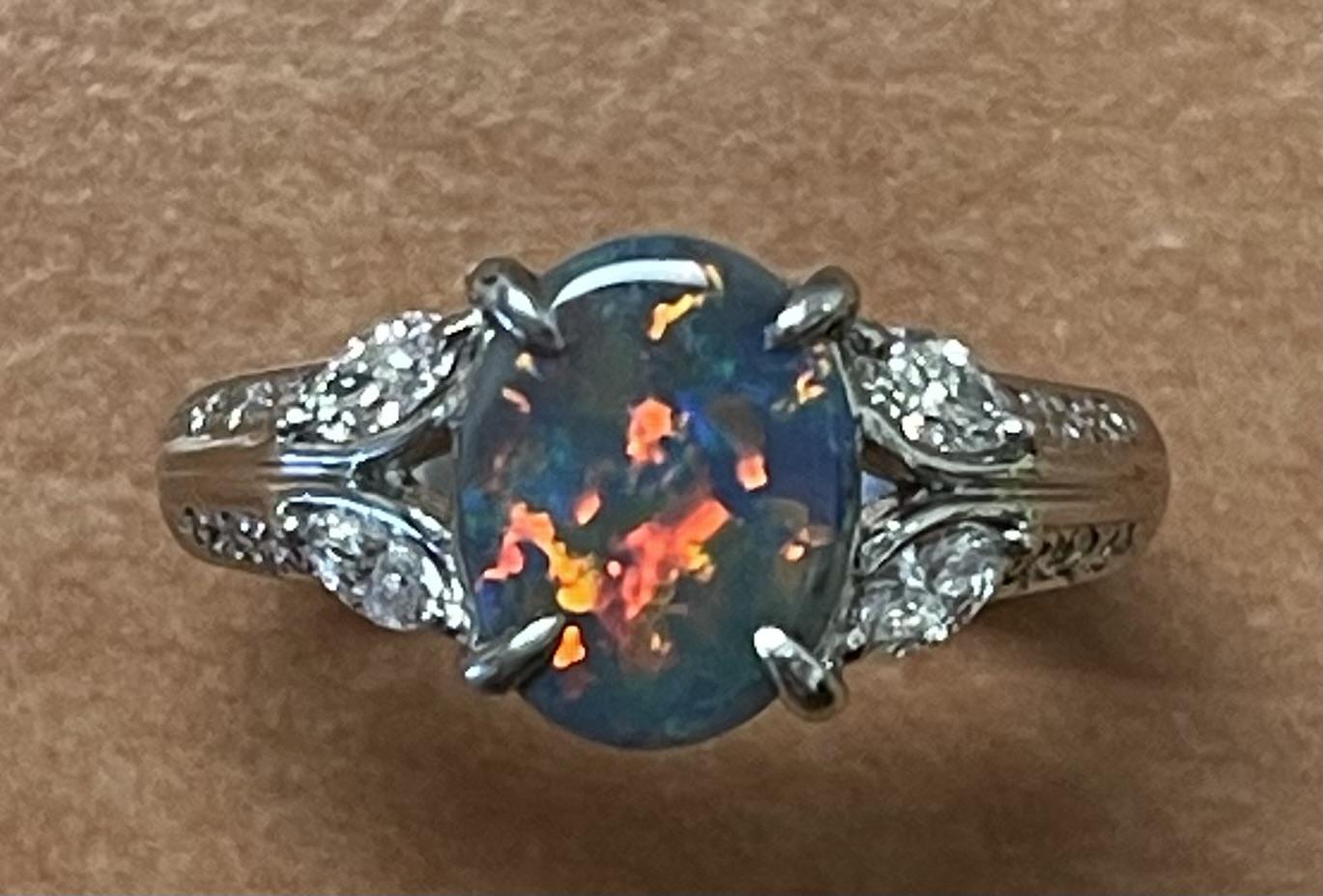 1.16ct Australian Opal .37ct Diamond PT Ring (Estate 1970s) 6.40g 6.50 Size