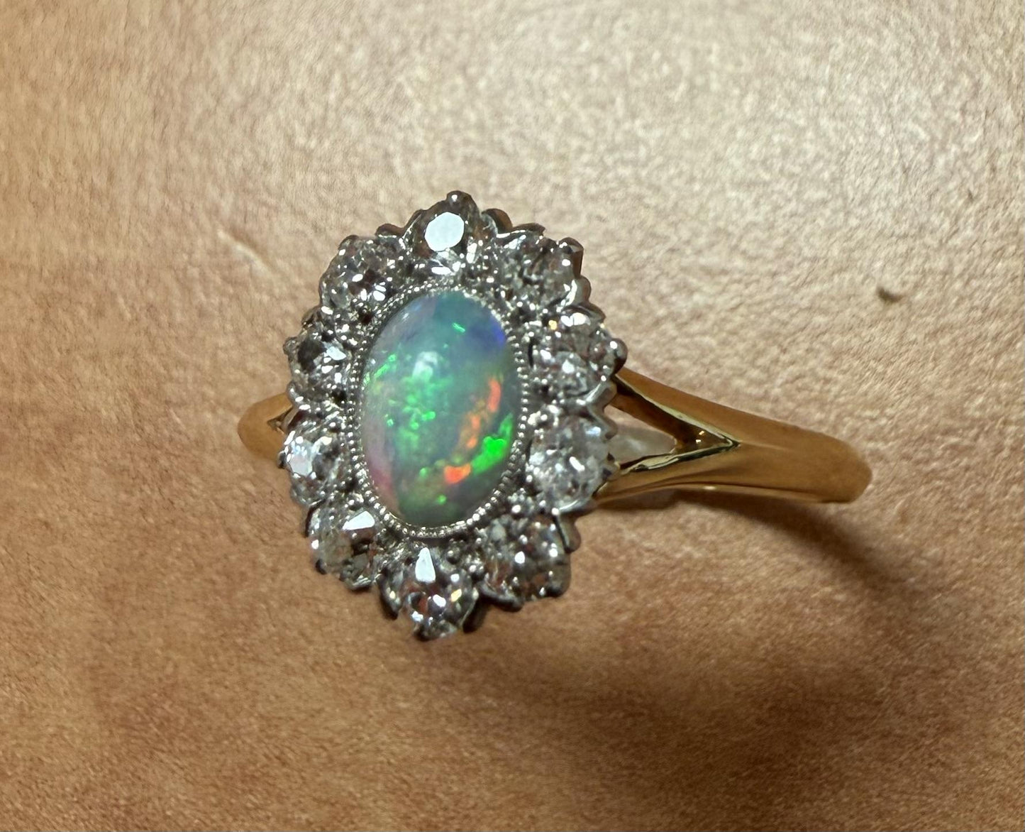 Original Edwardian .35ct Opal .70ct Old Mine Diamond Platinum + 18KY Ring