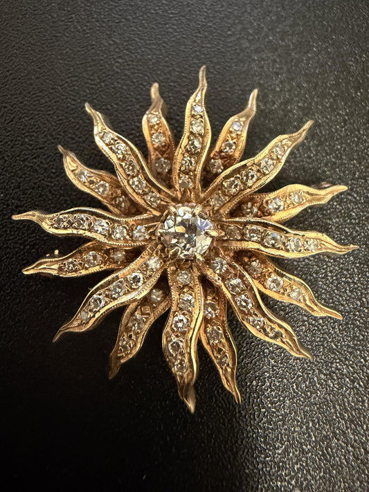 Original Victorian .60ct Old European Diamond Center 14KY Starburst Brooch