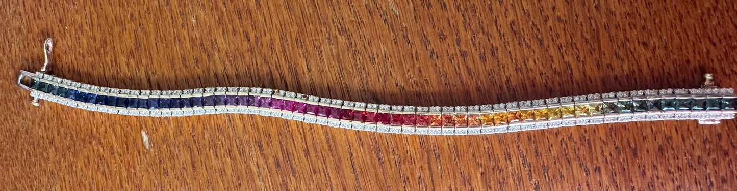 11.60ct Multicolor Sapphire 1.15ct Diamond 14KY Bracelet 30.92g 7" Signed RBGI