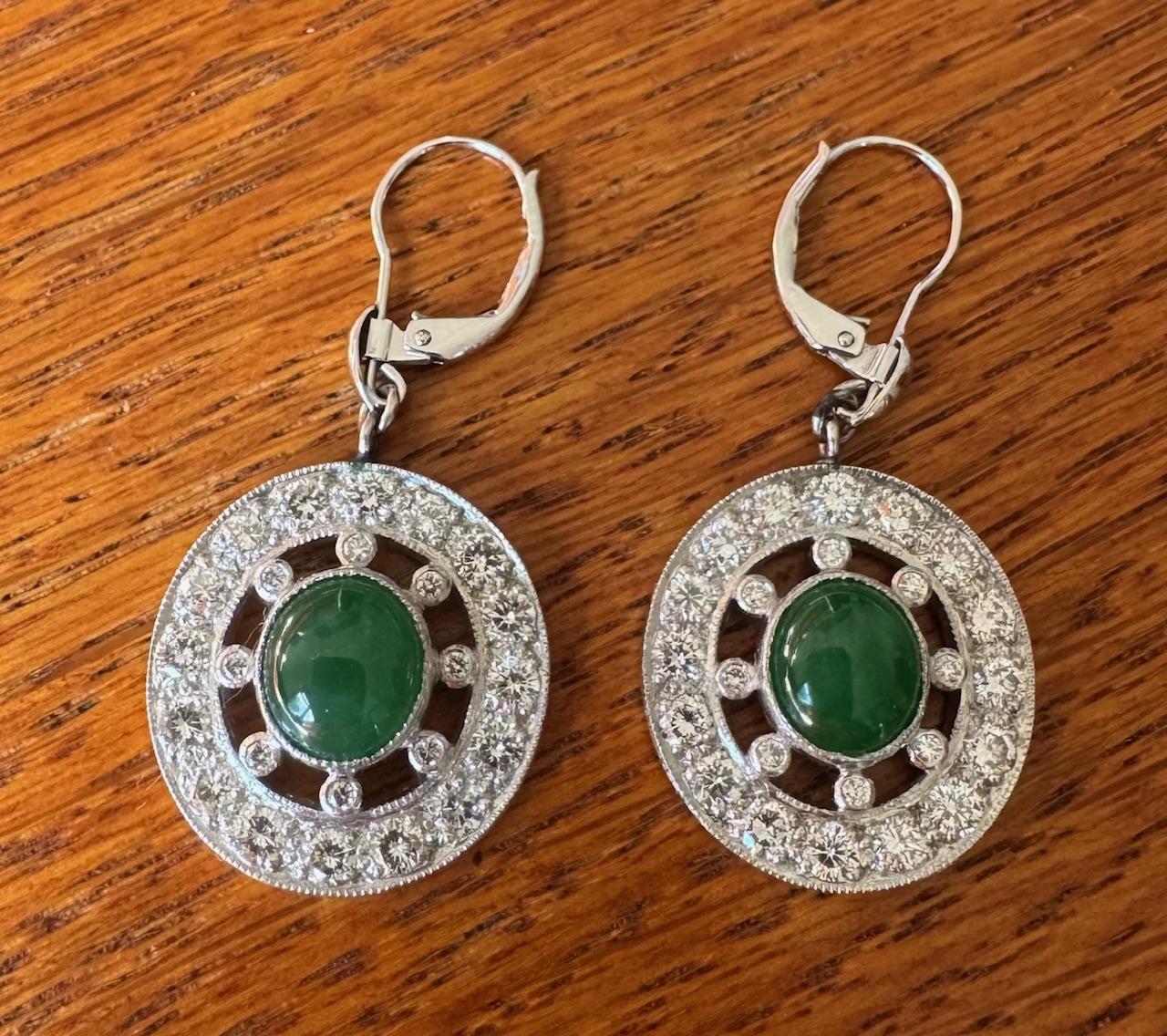 3.50ct Jade 3.20ct Diamond PT+14KW Earrings
