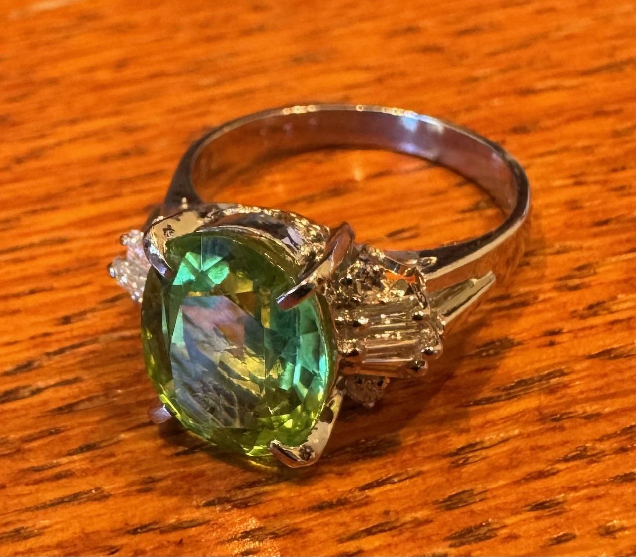 4.40ct Green Tourmaline .24ct Diamond Platinum Ring