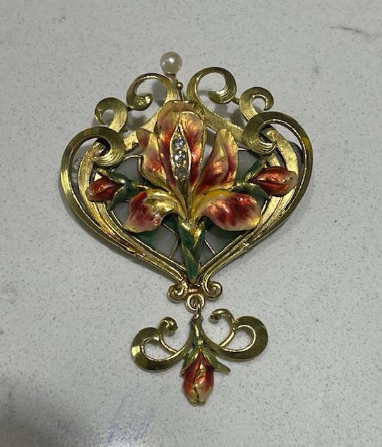 Art Nouveau Plique-a-Jour Enamel Flower Bouquet Brooch (Antique 1890s) 1.75"