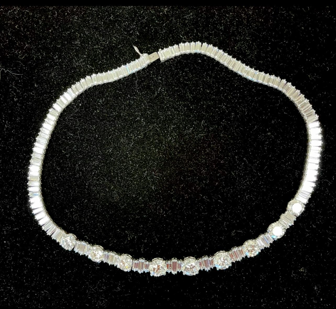 Important 63.65ct Baguette and Round Diamond Platinum Necklace Ranging D-H Color